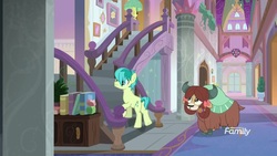 Size: 1920x1080 | Tagged: safe, screencap, sandbar, yona, earth pony, pony, yak, a matter of principals, g4, bow, butt, cloven hooves, duo, female, hair bow, male, monkey swings, plot, sandbutt, school of friendship, stairs, teenager