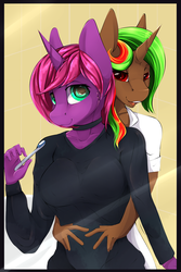 Size: 2000x3000 | Tagged: safe, artist:chapaevv, oc, oc only, oc:rainy dark, oc:spectral shine, anthro, anthro oc, bathroom, clothes, collar, commission, couple, female, high res, hug, lesbian, shipping, toothbrush