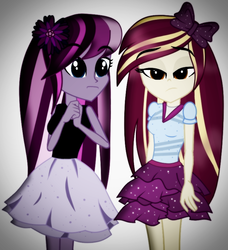 Size: 730x800 | Tagged: safe, artist:galacticflashd, oc, oc only, oc:lavender floralis, oc:styler selvano, equestria girls, g4, clothes, flower, hair bow, skirt