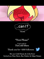 Size: 2000x2666 | Tagged: safe, artist:thecoldsbarn, oc, oc:cylia fever, comic:next please, blushing, blushing profusely, comic, credits, exclamation point, high res, interrobang, meta, milestone, question mark, text, the end, twitter