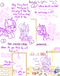 Size: 1280x1611 | Tagged: safe, artist:adorkabletwilightandfriends, princess cadance, princess flurry heart, twilight sparkle, alicorn, pony, comic:adorkable twilight and friends, g4, adorkable, adorkable twilight, blocks, cake, candy, cheek bulge, comic, cookie, cute, desperation, digestion without weight gain, dork, female, filly, food, games, hide and seek, humor, in the closet, lineart, locked, mom, need to pee, omorashi, outsmart, pie, potty emergency, potty time, snacks, stuffing, twilight sparkle (alicorn)