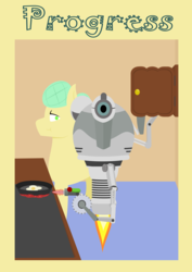 Size: 2123x3000 | Tagged: safe, artist:alltimemine, oc, oc only, pony, robot, fallout equestria, artificial horn, buzzsaw, circular saw, fanfic, fanfic art, female, fried egg, high res, inkscape, lineless, magic, mare, ministry of wartime technology, mister handy, poster, profile, saw, smiling, solo, vector
