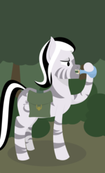 Size: 1821x3000 | Tagged: safe, artist:alltimemine, oc, oc only, oc:boiling cauldron, pony, zebra, cutie mark, female, forest, hoof hold, hooves, inkscape, lineless, mare, potion, profile, saddle bag, smiling, solo, teeth, tree, vector