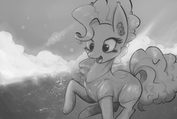 Size: 4633x3133 | Tagged: safe, artist:cookiedesu, pinkie pie, earth pony, pony, g4, clothes, cloud, female, grayscale, monochrome, ocean, smiling, solo, swimsuit