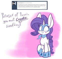 Size: 1280x1209 | Tagged: safe, artist:heir-of-rick, rarity, pony, unicorn, g4, ask, blushing, chalkzone, description is relevant, dialogue, female, impossibly large ears, mare, mask, motivational, raised hoof, snap (chalkzone), solo, tumblr
