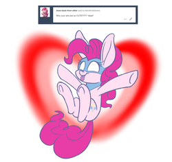 Size: 1280x1209 | Tagged: safe, artist:heir-of-rick, pinkie pie, earth pony, pony, g4, ask, chalkzone, female, heart, impossibly large ears, mare, mask, snap (chalkzone), snaponka, snappy pie, solo, tongue out, tumblr, underhoof