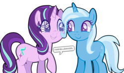 Size: 1592x948 | Tagged: safe, artist:marielleangel, starlight glimmer, trixie, pony, unicorn, g4, cute, diatrixes, female, glimmerbetes, lesbian, looking at each other, mare, ship:startrix, shipping