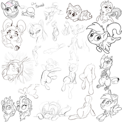 Size: 1000x1000 | Tagged: safe, artist:dustysculptures, autumn blaze, derpy hooves, pinkie pie, queen chrysalis, rainbow dash, twilight sparkle, oc, human, kirin, nirik, nymph, pony, anthro, g4, sounds of silence, anthro with ponies, armpits, bipedal, chibi, doodle, faic, female, filly, gritted teeth, male, mare, monochrome, non-mlp oc, one punch man, pudding face, rearing, sketch, sketch dump, super deformed