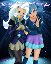 Size: 1280x1600 | Tagged: safe, artist:negaarmax, trixie, equestria girls, g4, clothes swap, crossover, evie (paladins), paladins: champions of the realm, peace sign