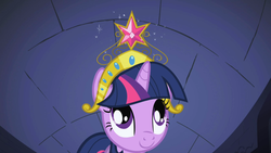 Size: 1280x720 | Tagged: safe, screencap, twilight sparkle, pony, unicorn, friendship is magic, g4, big crown thingy, castle of the royal pony sisters, element of magic, female, jewelry, looking up, mare, regalia, solo, unicorn twilight