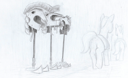 Size: 1516x925 | Tagged: safe, artist:t72b, derpibooru exclusive, earth pony, pony, armor, background pony, grayscale, helmet, male, memorial, monochrome, pencil drawing, royal guard, spear, stallion, traditional art, weapon