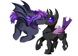 Size: 3262x2346 | Tagged: safe, artist:pridark, oc, oc only, oc:astral void, oc:nightwing, bat pony, changeling, pony, bat pony oc, changeling oc, chest fluff, collar, commission, cute, ear tufts, eyes closed, floppy ears, flying, gay, high res, jewelry, kissing, male, necklace, ocbetes, purple changeling, raised hoof, raised leg, shipping, shoulder fluff, simple background, smiling, spread wings, surprise kiss, surprised, tail, tailboner, transparent background, wings