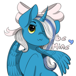 Size: 894x894 | Tagged: safe, oc, oc:fleurbelle, alicorn, pony, adorabelle, alicorn oc, be mine, bow, cute, hair bow, heart, holiday, one eye closed, valentine's day, wink