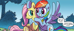 Size: 1440x600 | Tagged: safe, artist:pencils, edit, official comic, fluttershy, rainbow dash, pegasus, pony, g4, idw, spoiler:comic, spoiler:comicidw2020, bipedal, cute, duo, eye contact, female, grin, hair over one eye, hug, looking at each other, mare, petting, raised hoof, ship:flutterdash, shipping fuel, smiling, speech bubble, spread wings, squee, winghug, wings