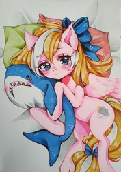 Size: 2500x3524 | Tagged: safe, artist:manekoart, oc, oc only, oc:bay breeze, pegasus, pony, shark, blushing, blåhaj, bow, cute, female, hair bow, high res, looking at you, lying on bed, mare, pillow, plushie, shark plushie, tail bow, traditional art
