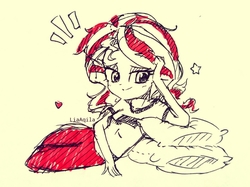 Size: 1414x1060 | Tagged: safe, artist:liaaqila, sunset shimmer, equestria girls, g4, female, pillow, simple background, smiling, solo, traditional art