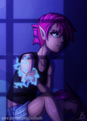 Size: 862x1200 | Tagged: safe, artist:inuhoshi-to-darkpen, tempest shadow, human, g4, my little pony: the movie, amputee, clothes, electricity, elf ears, eye scar, female, humanized, pony coloring, sad, scar, solo, stump, tank top, undercut, unicorns as elves