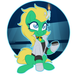 Size: 1000x1000 | Tagged: safe, artist:sickly-sour, oc, oc only, oc:professor sugarcube, earth pony, pony, blonde, blue eyes, candle, clothes, collar, commission, fire, gloves, lab coat, scientist, sitting, smiling, solo, wax