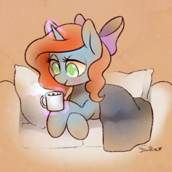 Size: 900x900 | Tagged: safe, artist:dawnfire, oc, oc:creamsicle delight, pony, unicorn, bow, chocolate, food, hot chocolate