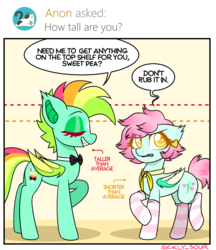 Size: 1000x1158 | Tagged: safe, artist:sickly-sour, oc, oc:kokomo, oc:sweet pea, bat pony, pony, ask, bowtie, clothes, comic panel, comic strip, ear piercing, earring, fangs, height difference, jewelry, piercing, pink mane, short, socks, speech bubble, tall, tumblr