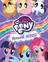 Size: 1951x2560 | Tagged: safe, applejack, fluttershy, pinkie pie, rainbow dash, rarity, spike, twilight sparkle, alicorn, dragon, earth pony, pegasus, pony, unicorn, g4, official, spoiler:annual2020, 2020, female, male, mane seven, mane six, mare, my little pony annual 2020, my little pony logo, smiling, spread wings, twilight sparkle (alicorn), wings