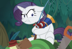 Size: 1338x922 | Tagged: safe, screencap, mean rarity, pony, g4, the mean 6, clone, crosscut saw, female, fishing rod, flashlight (object), greedity, hoard, lantern, looking at you, mallet, saw, sitting, wavy mouth