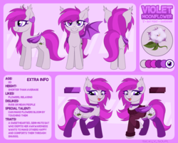 Size: 2596x2092 | Tagged: safe, artist:sickly-sour, oc, oc only, oc:violet moonflower, bat pony, pony, bat pony oc, clothes, commission, ear tufts, gardener, high res, long mane, long tail, pink coat, pink eyes, pink mane, reference sheet, socks, sweater