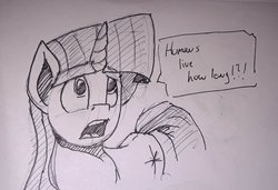 Size: 851x581 | Tagged: safe, artist:post-it, twilight sparkle, pony, unicorn, female, ink drawing, mare, monochrome, open mouth, question, simple background, sketch, solo, speech bubble, traditional art, unicorn twilight, white background