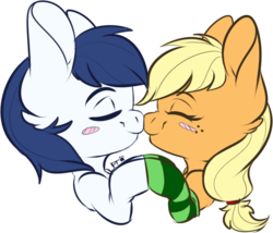 Size: 762x651 | Tagged: safe, artist:pinktabico, applejack, oc, oc:constance everheart, pony, g4, blushing, boop, canon x oc, chibi, clothes, duo, everjack, eyes closed, female, male, noseboop, nuzzling, shipping, socks, straight, striped socks