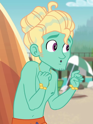 Size: 780x1044 | Tagged: safe, screencap, gladys, zephyr breeze, blue crushed, equestria girls, equestria girls series, g4, arms, bare arms, clothes, cropped, jewelry, male, male nipples, necklace, nipples, partial nudity, solo, surfboard, swimming trunks, topless, zephyr's necklace