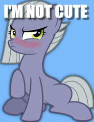 Size: 1024x1333 | Tagged: safe, limestone pie, earth pony, pony, g4, blatant lies, blue background, blushing, caption, cute, denial, embarrassed, female, i'm not cute, image macro, limabetes, limetsun pie, madorable, mare, simple background, solo, text, tsundere, vector