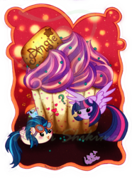 Size: 893x1200 | Tagged: safe, artist:shikimaakemi, indigo zap, rainbow dash, twilight sparkle, alicorn, pegasus, pony, g4, chubbie, cross-popping veins, cupcake, equestria girls ponified, female, flying, food, goggles, heart, looking up, my little squishy, pictogram, ponified, simple background, smiling, transparent background, twilight sparkle (alicorn)
