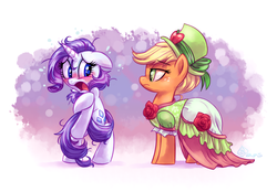 Size: 1800x1250 | Tagged: safe, artist:whitediamonds, applejack, rarity, pony, make new friends but keep discord, applejack is not amused, assisted exposure, bipedal, blushing, clothes, clothing theft, covering, cute, dress, ears back, embarrassed, female, frown, jackabetes, lesbian, messy mane, naked rarity, open mouth, raribetes, rarijack, rarijack daily, shipping, unamused, we don't normally wear clothes, wide eyes
