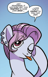 Size: 387x623 | Tagged: safe, artist:kate sherron, idw, pixie cut (g4), earth pony, pony, g4, spoiler:comic, spoiler:comic74, comic, cropped, dialogue, faic, female, mare, one eye closed, solo, tongue out, underhoof