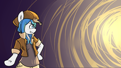 Size: 2732x1536 | Tagged: safe, artist:spheedc, oc, oc only, oc:light chaser, earth pony, anthro, semi-anthro, arm hooves, bipedal, blue eyes, blue hair, clothes, digital art, female, hat, mare, smiling, solo