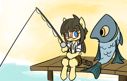 Size: 1790x1137 | Tagged: safe, artist:spheedc, oc, oc only, oc:sphee, earth pony, fish, semi-anthro, arm hooves, bipedal, clothes, digital art, female, filly, fishing, fishing rod, glasses, mare, pier, pigtails, simple background, sitting, smiling, solo