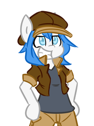 Size: 1035x1381 | Tagged: safe, artist:spheedc, oc, oc only, oc:light chaser, earth pony, anthro, semi-anthro, arm hooves, bipedal, blue eyes, blue hair, clothes, digital art, female, hat, hooves on hips, mare, simple background, smiling, solo, white background