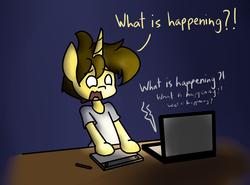 Size: 2073x1536 | Tagged: safe, artist:spheedc, oc, oc only, oc:dream chaser, unicorn, semi-anthro, arm hooves, bipedal, clothes, computer, confused, digital art, drawing tablet, echoes, exclamation point, gradient background, interrobang, laptop computer, livestream, male, question mark, shocked, solo, speech bubble, stallion, table