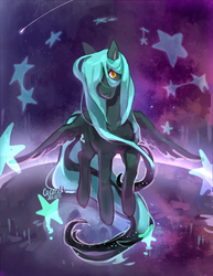 Size: 655x847 | Tagged: safe, artist:cocoroll, oc, oc:monoceros, pegasus, pony, abstract background, flying, smiling, spread wings, stars, wings