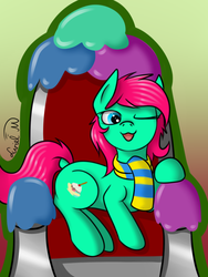 Size: 600x800 | Tagged: safe, artist:luriel maelstrom, oc, oc only, oc:minty split, pony, abstract background, adorable face, clothes, cute, food, ice cream, looking at you, scarf, signature, simple background, solo, throne