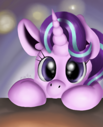 Size: 800x988 | Tagged: safe, alternate version, artist:valemjj, starlight glimmer, pony, unicorn, g4, abstract background, cute, female, glimmerbetes, looking at you, mare, peeking, solo, table