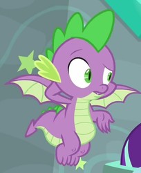 Size: 630x773 | Tagged: safe, screencap, spike, dragon, a matter of principals, g4, arm behind head, claws, cropped, flying, male, solo focus, spread wings, winged spike, wings