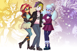Size: 1280x853 | Tagged: safe, artist:zelc-face, sugarcoat, sunset shimmer, oc, equestria girls, g4, my little pony equestria girls: friendship games, boots, bowtie, clothes, crystal prep academy uniform, female, glasses, jacket, leather jacket, male, pants, pigtails, school uniform, shoes, skirt, socks, sunglasses, yu-gi-oh!
