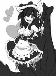 Size: 949x1280 | Tagged: safe, artist:saikoot, oc, oc only, oc:selina, anthro, apron, bare shoulders, belly button, big breasts, bow, breasts, clothes, cute, dress, female, frilly dress, grayscale, hair over one eye, heart, heart eyes, looking at you, maid, maid headdress, midriff, moe, monochrome, pigtails, skirt, smiling, socks, solo, stockings, thigh highs, top, twintails, uniform, wingding eyes, zettai ryouiki