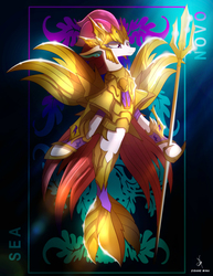 Size: 4000x5192 | Tagged: safe, artist:zidanemina, queen novo, seapony (g4), g4, my little pony: the movie, absurd resolution, armor, beautiful, crepuscular rays, crossover, crown, digital art, dorsal fin, empress, eyelashes, female, fin, fin wings, fins, fish tail, frown, gem, glowing, hoof shoes, jewelry, ocean, purple eyes, purple mane, regalia, saint seiya, seaquestria, signature, solo, spread wings, sunlight, swimming, tail, trident, underwater, water, weapon, wings
