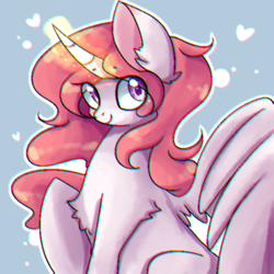 Size: 600x600 | Tagged: safe, artist:yellowalpaca0726, princess celestia, alicorn, pony, unicorn, g4, chest fluff, cute, cutelestia, ear fluff, female, filly, heart, magic, pink-mane celestia, raised hoof, simple background, smiling, solo, spread wings, wings, younger