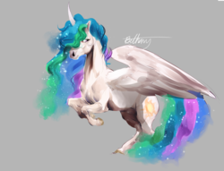 Size: 2802x2140 | Tagged: safe, artist:toskurra, princess celestia, alicorn, pony, g4, curved horn, female, gray background, hair over one eye, high res, hoers, horn, mare, realistic, rearing, signature, simple background, solo, spread wings, wings