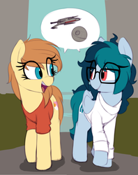 Size: 1101x1387 | Tagged: safe, artist:shinodage, oc, oc only, oc:cream heart, oc:delta vee, earth pony, pegasus, pony, braces, clothes, death star, female, glasses, looking at each other, mare, meganekko, nerd, open mouth, shirt, star wars, starfighter, sweater, x-wing, younger