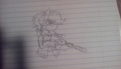 Size: 1920x1088 | Tagged: safe, artist:homicidal doktor, oc, oc only, oc:duck witz, pony, clothes, gun, lined paper, sniper, solo, traditional art, weapon