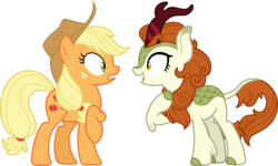 Size: 4988x3000 | Tagged: safe, artist:cloudy glow, applejack, autumn blaze, earth pony, kirin, pony, g4, sounds of silence, .ai available, applejack's hat, clothes, cloven hooves, colored hooves, cowboy hat, duo, female, freckles, hat, looking at each other, mare, simple background, transparent background, vector